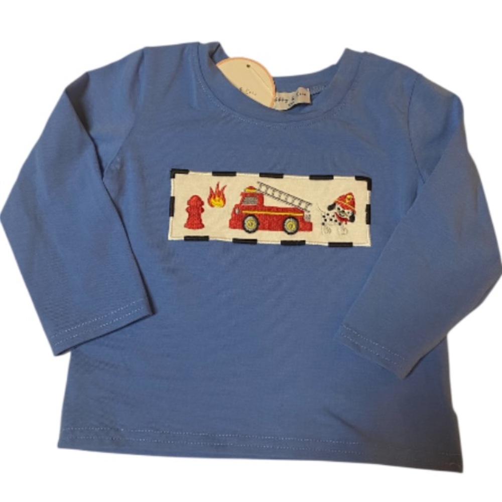 Abby & Evie Fire Truck Embroidered Blue Shirt NWT Size 12 months